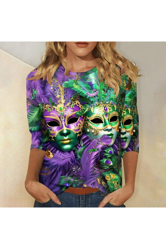 Womens Mardi Gras Shirts Festival New Orlean Carnival Party 3/4 Sleeve T Shirts Plus Size Fancy Mask Tee Sequin Tuesday Party Crew Neck Tops Purple L