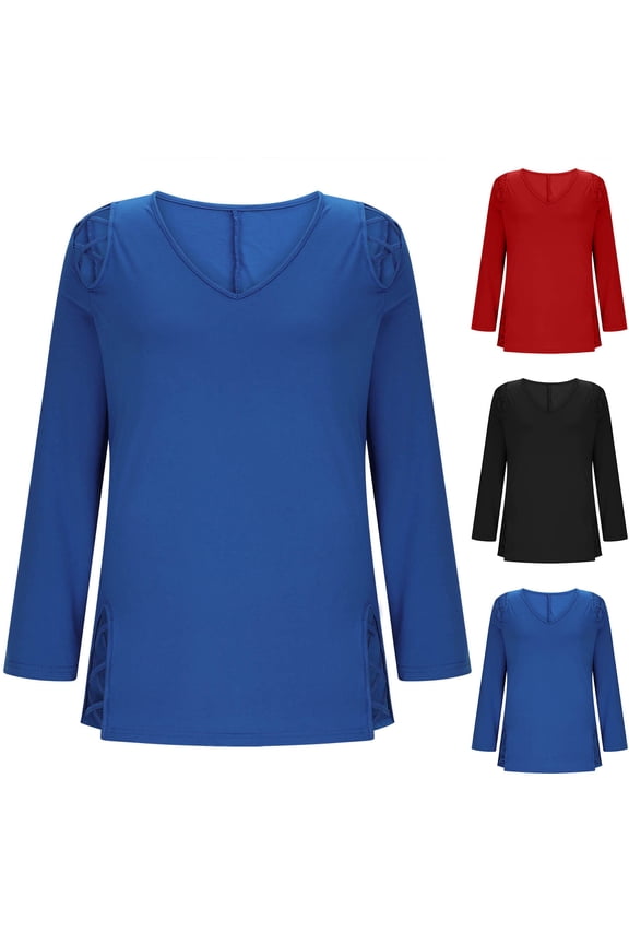 Womens Plus Size Blouses Trendy V Neck Hollow Out Tunic Shirts Long Sleeve Cold Shoulder Side Slit Holiday Casual Tops Loose Fit Spring Clothes Red XL