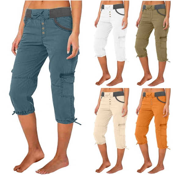 Yxbdin Womens Plus Size Capri Cargo Pants with Multi Pockets Cotton Linen Button Drawstring Elastic High Waisted Capris Casual Loose Summer Cropped Pant Brown M