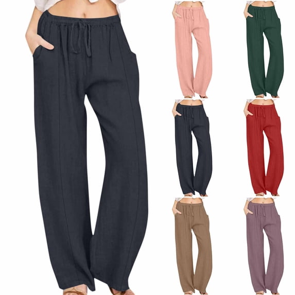 Yxbdin Womens Plus Size Linen Pants Casual Straight Wide Leg Pleated Pants Elastic High Waisted Drawstring Trousers with Pocket Coffee L