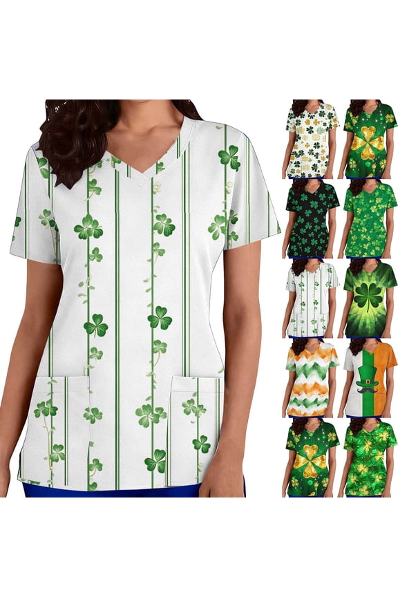 Womens Plus Size Scrub Tops with Pockets Short Sleeve V Neck Tunic Medical Uniforms Shamrock Striped Scrub Shirts Saint Patricks Shirt White XL
