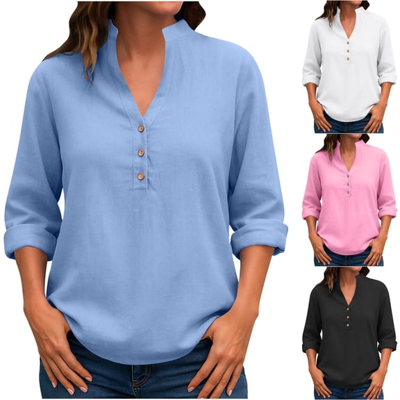 Yxbdin Womens Plus Size Shirts Elegant Cotton Linen V Neck Buttons Blouses Long Sleeve Loose Fit Tunic Tops Spring Office Outfits Pink XXXL