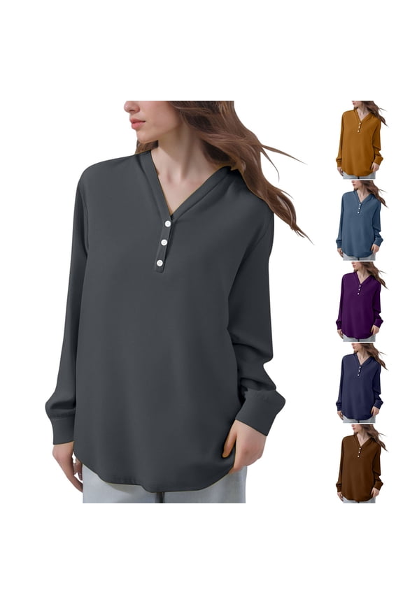 Womens Plus Size Shirts Elegant Long Sleeve V Neck Buttons Shirt Loose Fit Comfy Casual Tunic Blouses Spring Solid Color Tops Blue XXXXL