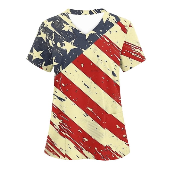 Yxbdin Womens Printed Scrub Tops 4th of July Patriotic Graphic Tees Lightweight Short Sleeve V Neck Medical Scrub Shirts Independence Day Tops Multicolor*6 XL