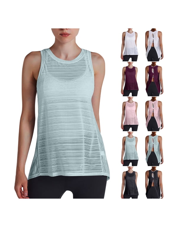 Womens Quick Dry Tank Tops Built in Bra Mesh Sheer Summer Tops Cutout Open Back Shirts Crew Neck Tees Comfy Sleeveless Blouses Workout Athletic Yoga Layers