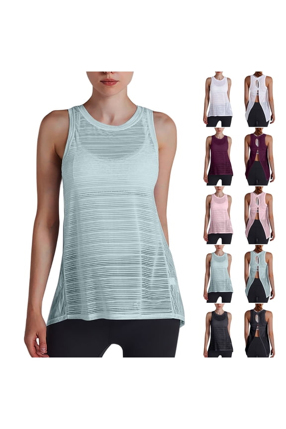 Womens Quick Dry Tank Tops Built in Bra Mesh Sheer Summer Tops Cutout Open Back Shirts Crew Neck Tees Comfy Sleeveless Blouses Workout Athletic Yoga Layers