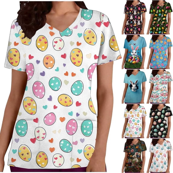 Yxbdin Womens Scrub Tops Cute Easter Printed Shirts Short Sleeve Easter Eggs Heart Graphic Scrub Shirts with Pockets Cute Nurse Working Shirt Multicolor L