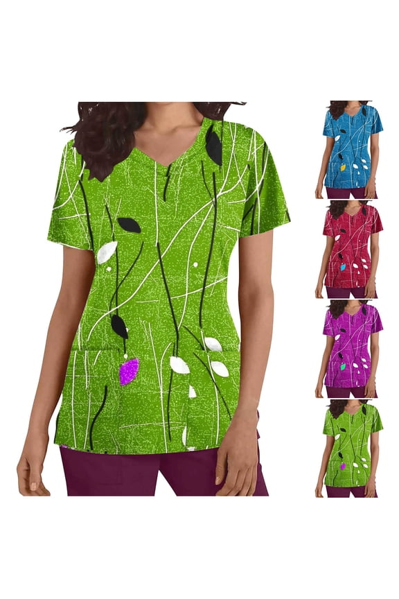Womens Scrub Tops Short Sleeve Graphic Nurse Working Uniforms Loose Fit Stretchy Scrubs Shirts with Pockets Lightweight Medical Tops Green L