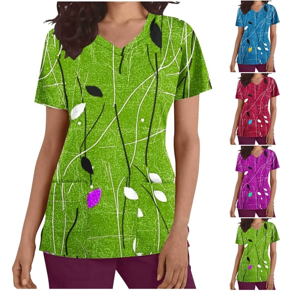 Yxbdin Womens Scrub Tops Short Sleeve Graphic Nurse Working Uniforms Loose Fit Stretchy Scrubs Shirts with Pockets Lightweight Medical Tops Red XL