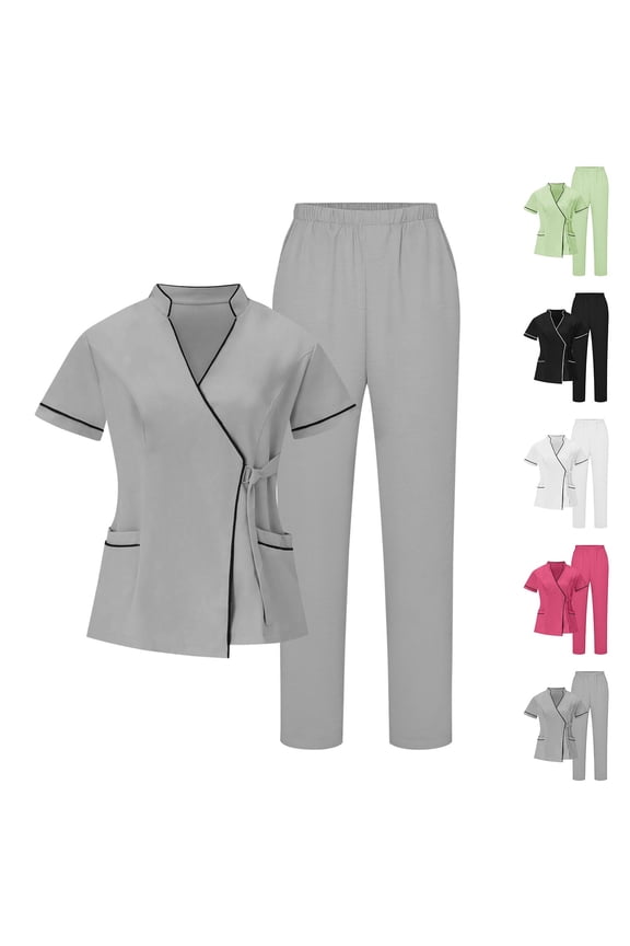 Womens Scrubs Set Plus Size 2 Pieces Medical Uniforms Short Sleeve Scrub Tops and Pants Sets Essential Nurse Workwear Suits Black L