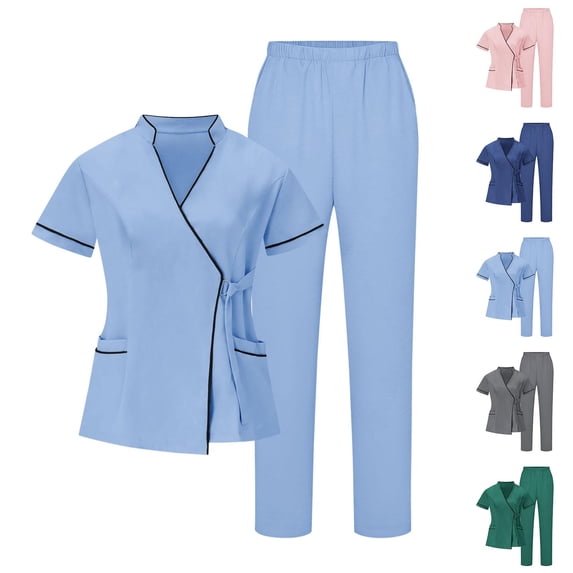 Yxbdin Womens Scrubs Set Plus Size 2 Pieces Medical Uniforms Short Sleeve Scrub Tops and Pants Sets Essential Nurse Workwear Suits Dark Gray L