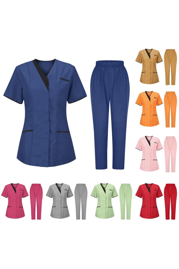 Womens Scrubs Sets 2 Piece Plus Size Medical Uniform Short Sleeve V Neck Tops and Elastic Waist Pants Sets Color Block Nurse Workwear Navy L