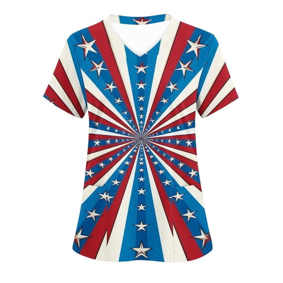 Yxbdin Womens Scrubs Tops 4th of July Printed Nurse Uniforms Short Sleeve V Neck Medical Working Shirts with Pockets Independence Day Scrub Shirt Multicolor*5 L