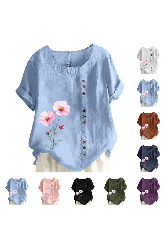 Womens Short Sleeve Cotton Linen Shirts Plus Size Graphic Tees Round Neck Buttons Tunic Blouses Fashion Summer Outfits Tops Coffee XL