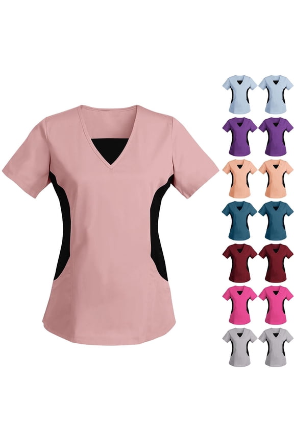 Womens Short Sleeve Scrubs Fashion Color Block V Neck Scrub Shirts Tunic Comfy Medical Uniforms Scrub Tops Purple L