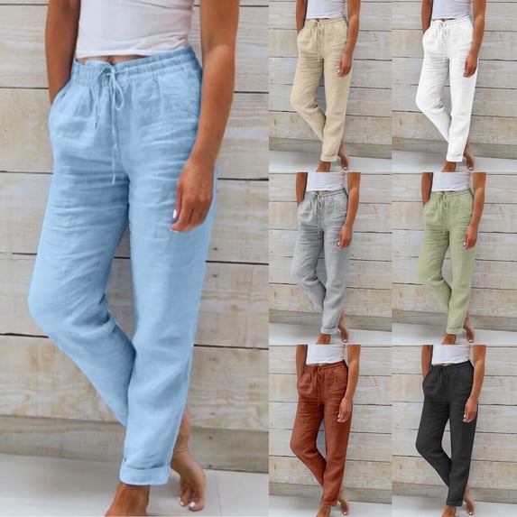 Yxbdin Womens Spring Linen Pants Loose Fit Straight Elastic Waisted Drawstring Trousers Comfy Vacation Casual Pants Gray L