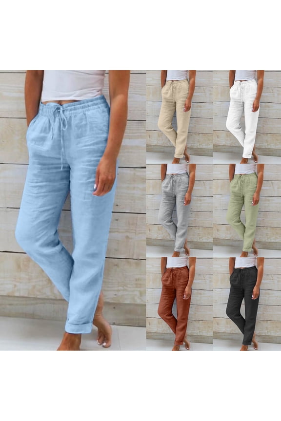 Womens Spring Linen Pants Loose Fit Straight Elastic Waisted Drawstring Trousers Comfy Vacation Casual Pants Red M