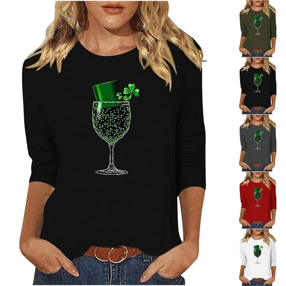 Yxbdin Womens St Patricks Day T Shirts 3/4 Sleeve Hat Wine Glass Graphic Tees Holiday Crew Neck Shirt Irish Shamrock Tops Black L