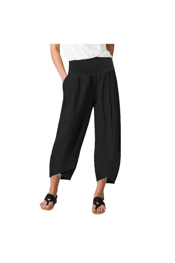 Womens Summer High Waisted Pants Linen Wide Leg Tulip Hem Lounge Trousers Summer Loose Fit Comfy Pants for Travel Vacation Black M