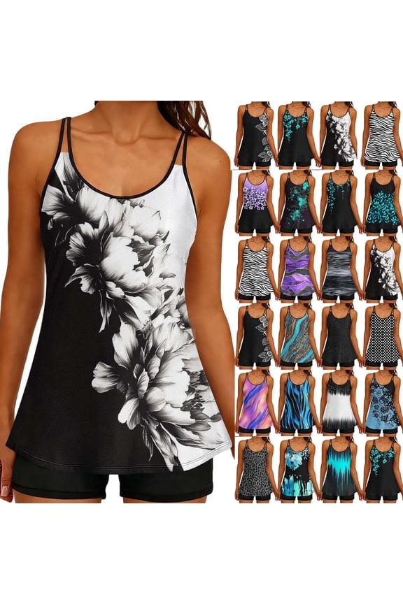 Womens Tankini Swimsuits Tummy Control 2 Piece Bathing Suits Flowy Swim Top with Boyshorts Graphic Swimwear Sets Black17 L