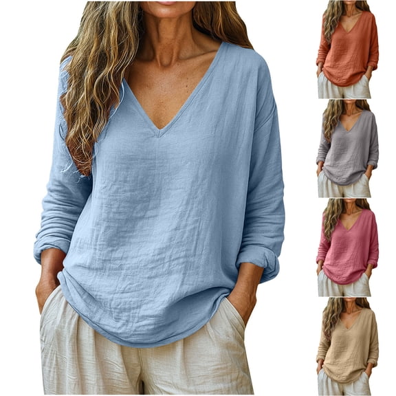 Yxbdin Womens V Neck Cotton Linen Shirts Comfy Plus Size Long Sleeve Tunic Shirt Casual Loose Fit Spring Tops Solid Color Basic Clothes Blue L