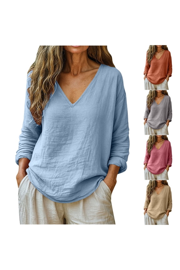 Womens V Neck Cotton Linen Shirts Comfy Plus Size Long Sleeve Tunic Shirt Casual Loose Fit Spring Tops Solid Color Basic Clothes Khaki S