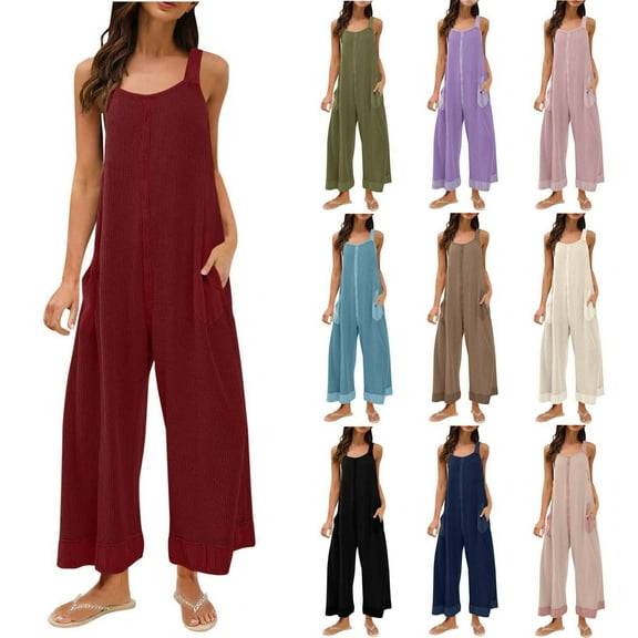 Yxbdin Womens Waffle Knit Jumpsuits Loose Casual Wide Leg Jumpsuit Sleeveless Long Pants Overalls Romper with Pockets Brown XXL