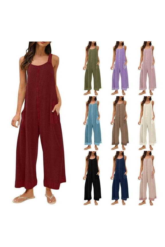 Womens Waffle Knit Jumpsuits Loose Casual Wide Leg Jumpsuit Sleeveless Long Pants Overalls Romper with Pockets Brown XXL