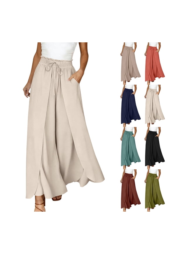 Womens Wide Leg Pants Side Split Trendy palazzo Pants Elastic Drawstring Waist Lounge Pants with Pockets Summer Beach Vacation