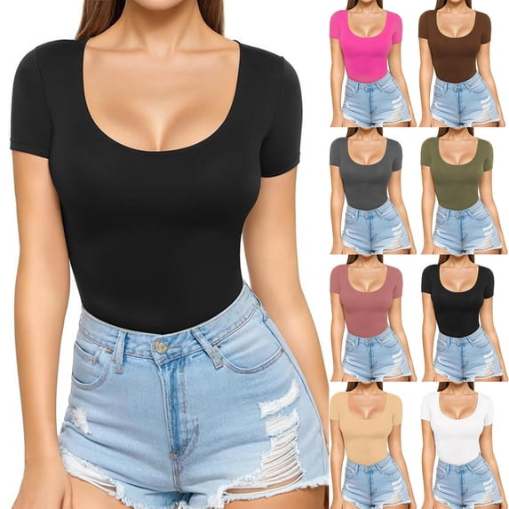 Yxbdin Womens Y2k Tops Trendy Scoop Neck Workout Shirts Slim Fitted Lightweight Tight Tshirts Classic Short Sleeve Tee Shirts Going Out Tops Basic Clothes