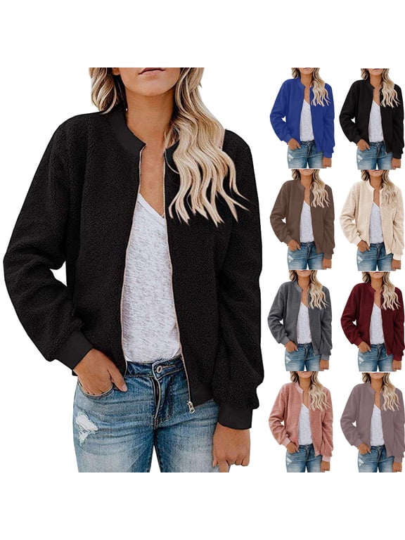 Womens Zip Up Jackets Trendy Sherpa Fleece Bomber Jacket with Side Pockets Casual Long Sleeve Hoodless Outerwear for Going Out XXL