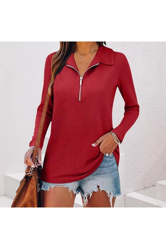 Zip Up Tunic Tops for Women Dressy Casual Long Sleeve Blouses Loose Fit V Neck Tops Spring Solid Clothes Wine L