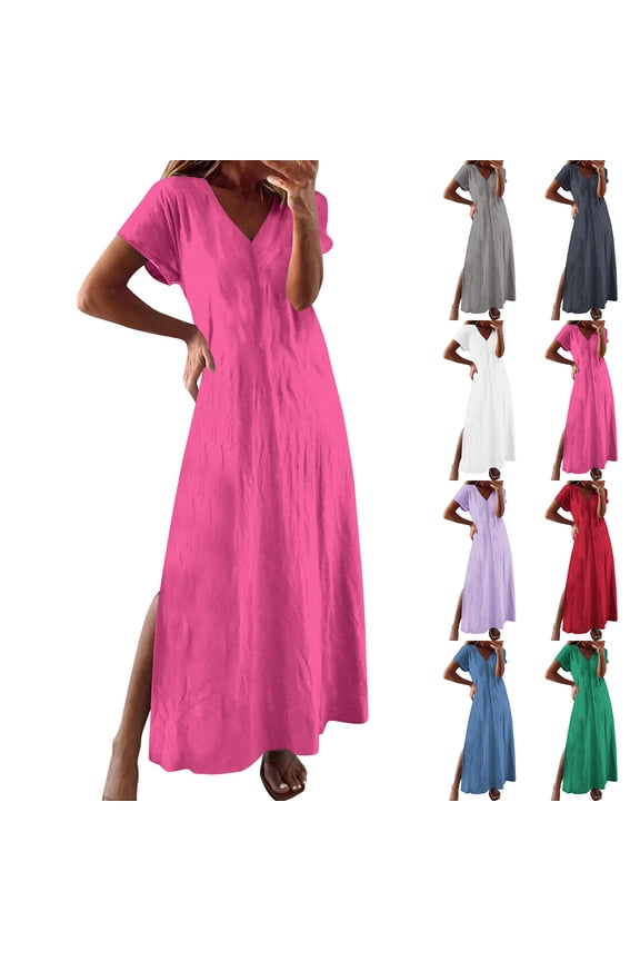 Yxdbin Linen Dress Women Short Sleeve Side Slit Hem Maxi Dress V Neck Loose FIt Vacation Casual Dresses Flowy Long Dress Gray L
