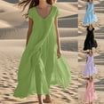 thumbnail image 1 of Yxdbin Summer Linen Maxi Dress Women Flowy Short Sleeve V Neck Tiered Dresses Elegant Beach Casual Long Dress Beige L, 1 of 7