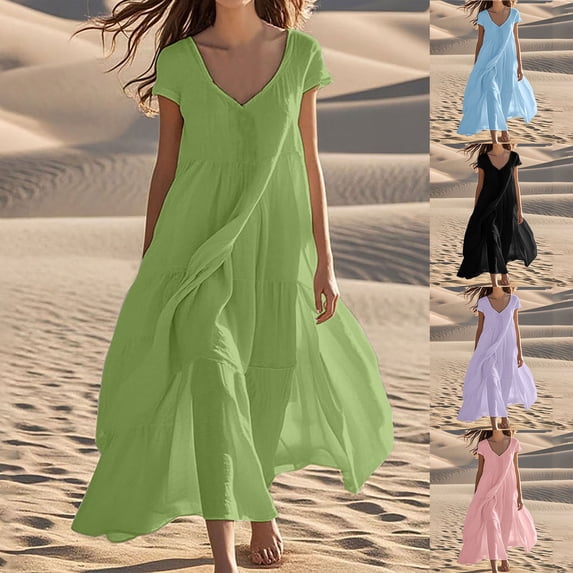 Yxdbin Summer Linen Maxi Dress Women Flowy Short Sleeve V Neck Tiered Dresses Elegant Beach Casual Long Dress Beige XXL