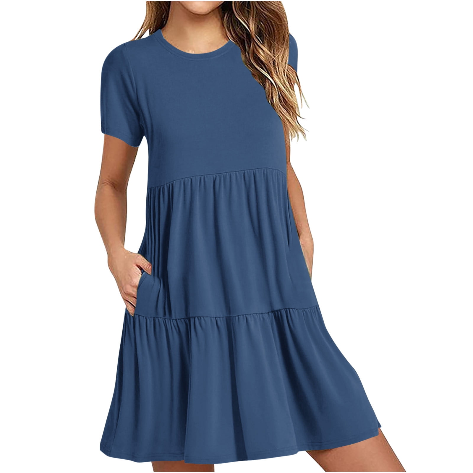 Yxnmud Women s Summer Casual Short Sleeve T Shirt Dress Tiered Mini Dresses With Pockets
