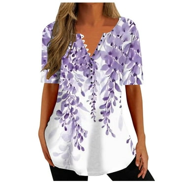 Yxnmud Women's Summer V-neck Print Casual Loose Top Short Sleeve V-neck Button Blouses Tops