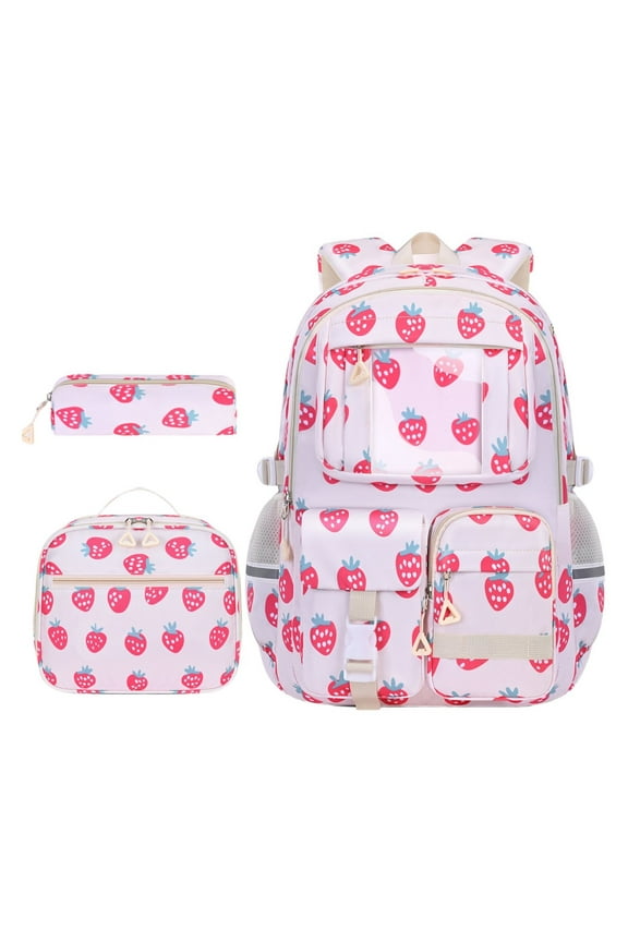 Backpack, Strawberry Print Backpack Aesthetic Nylon Rucksack Cute Backpack Set Casual Daypack