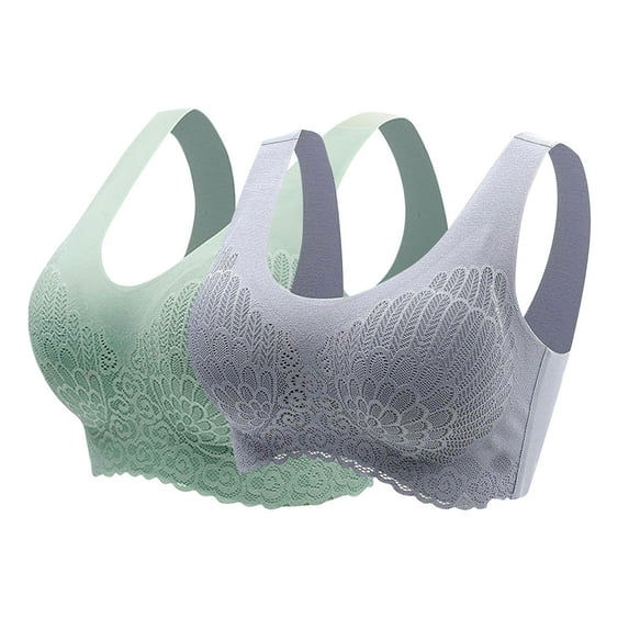 Yyeselk 2-Pack Women's Bras No Underwire Lace Push Up Bra Wireless Full Coverage Seamless Bra Anti-Sagging Gym Sports Yoga Bra Gray M