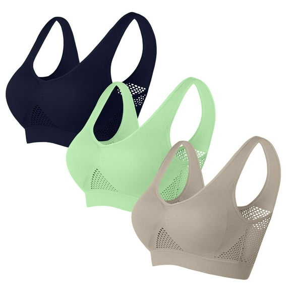 Yyeselk 3 Pack Sports Bras for Women Full Coverage No Underwire Yoga Bras Push Up High Support Mesh Breathable Bra Seamless Wirefree Daily Bra Khaki XL