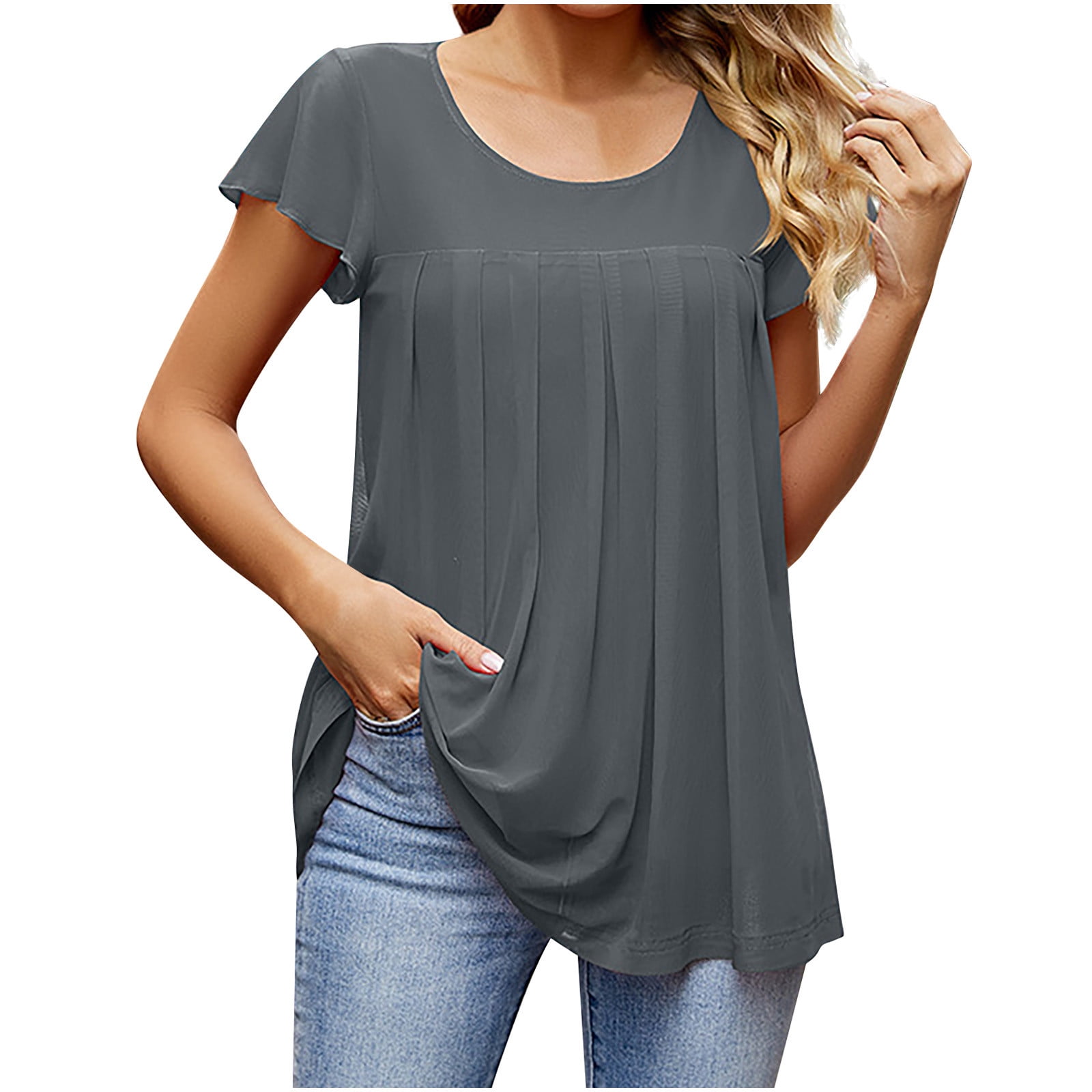 Yyeselk Basic Tops for Women Pure Color Round Neck Ruffle Short Sleeves ...