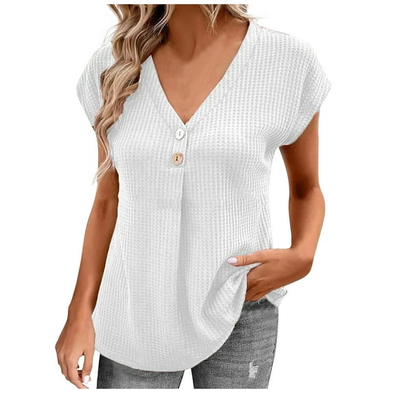 Yyeselk Blouses for Women Dressy Casual Button up V-Neck Cap Short Sleeves Tunic Tops Trendy Pure Color Waffle Summer Tee Shirts White XXL