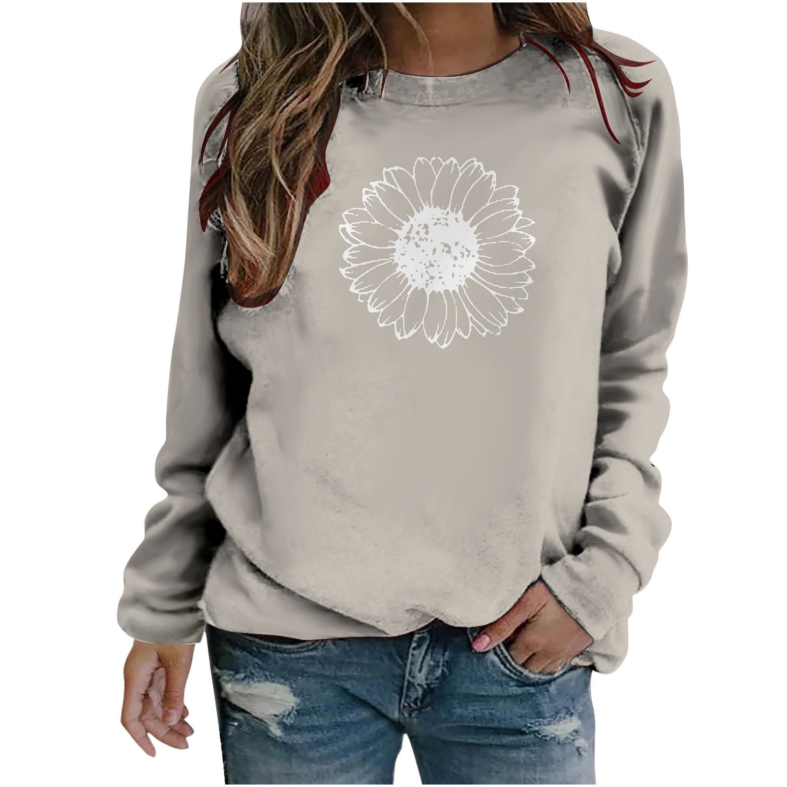Yyeselk Business Casual Tops for Women Casual Long Sleeves Round Neck Cozy  Blouses Trendy Fleece Lovely Daisy Print Hoodless Sweatshirt Army Green L 