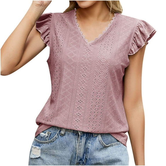 Yyeselk Business Casual Tops for Women Ruffle Cap Sleeves Sexy V-Neck Cozy Blouses Trendy Hollow out Pure Color Ladies Tee Shirts Summer Hot Pink L