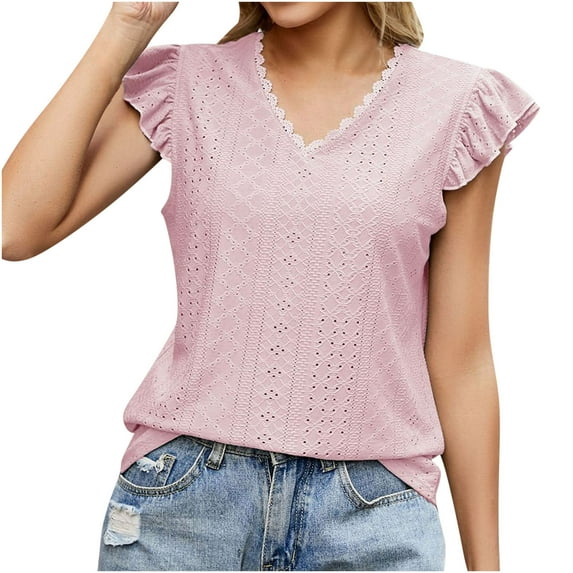 Yyeselk Business Casual Tops for Women Ruffle Cap Sleeves Sexy V-Neck Cozy Blouses Trendy Hollow out Pure Color Ladies Tee Shirts Summer Pink XXL