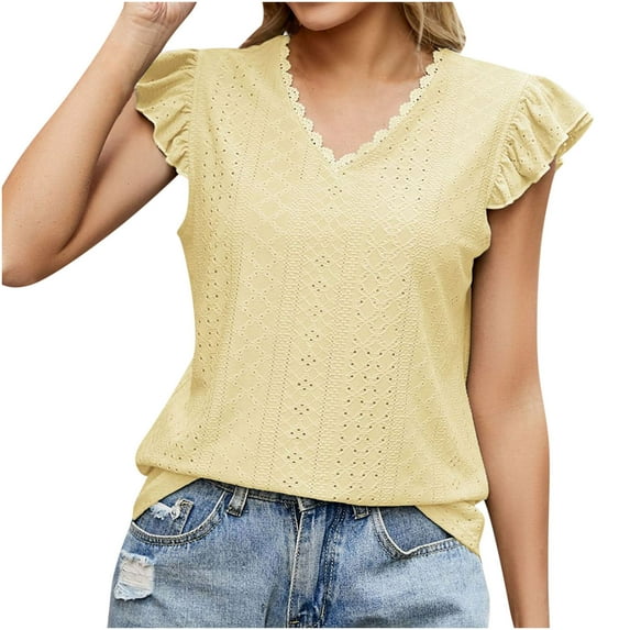 Yyeselk Business Casual Tops for Women Ruffle Cap Sleeves Sexy V-Neck Cozy Blouses Trendy Hollow out Pure Color Ladies Tee Shirts Summer Yellow XXL