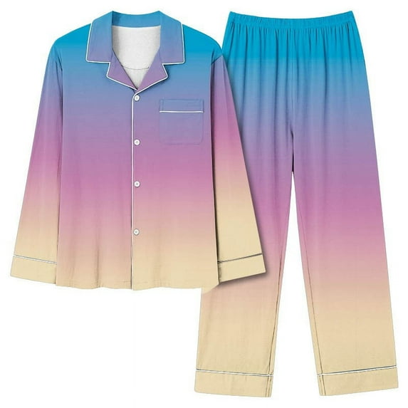 Yyeselk Button Up Pajamas for Women 2 Piece Gradient Printed Lounge Set Casual Trendy Long Sleeve Notch Collar Blouses and Long Pants Nightwear Matching Set Multicolor XXL