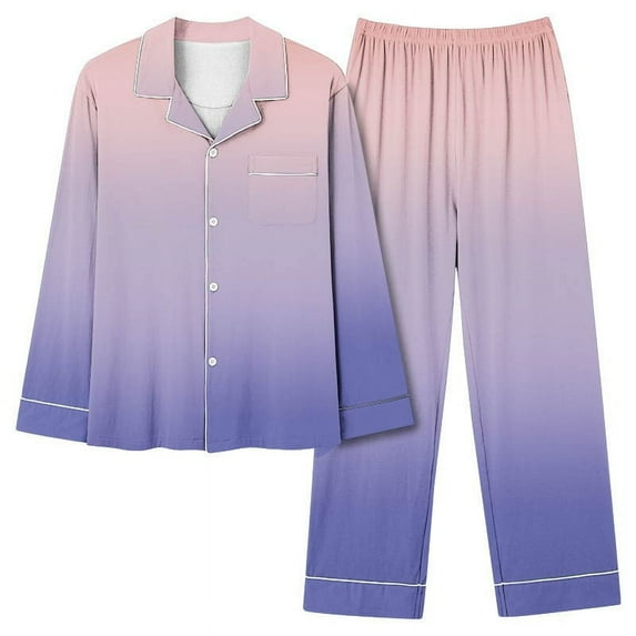 Yyeselk Button Up Pajamas for Women 2 Piece Gradient Printed Lounge Set Casual Trendy Long Sleeve Notch Collar Blouses and Long Pants Nightwear Matching Set Pink L