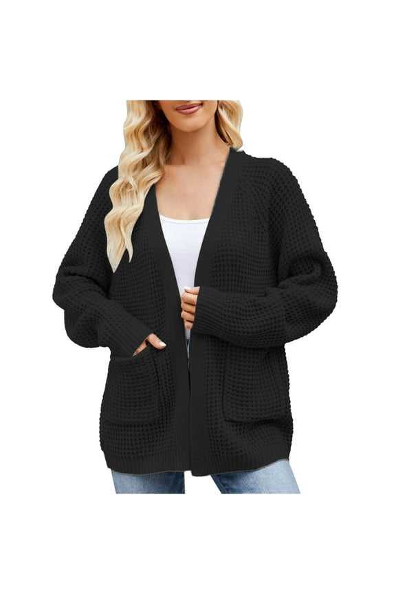 Cardigan for Women 2023 Fall Winter Long Sleeve Open Front Loose Chunky Cable Knit V Neck Solid Color Slouchy Warm Cardigan Sweater with Pockets Black XL