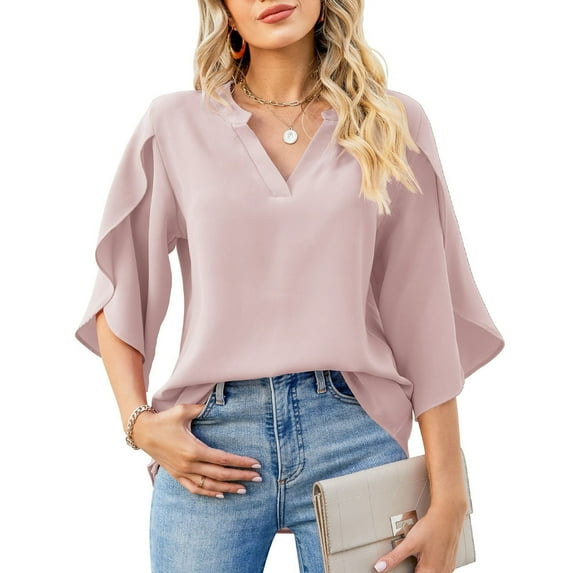 Yyeselk Chiffon Shirts for Women Casual 3/4 Petal Sleeves Sexy V-Neck Cozy Blouses Fashion Breathable Pure Color Summer Tunic Tops Tee Pink M